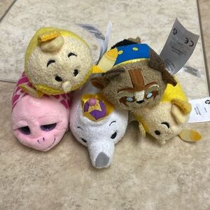 5 Disney Store Tsum Tsum Mini Plush Lot Beast Lumiere Pots Shuffler
